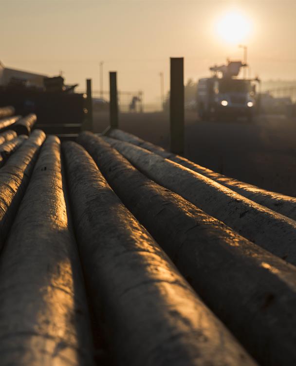 Photo of a stack of wooden distribution poles